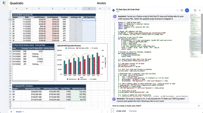 A stylized interface showing charts, a data table, and a Python code snippet arranged in a clean visual layout.
