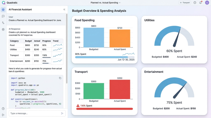 A clean dashboard layout with four charts. Each chart compares two values, such as 'planned' vs. 'actual' spending for different budget categories, to provide a quick summary of financial variance.