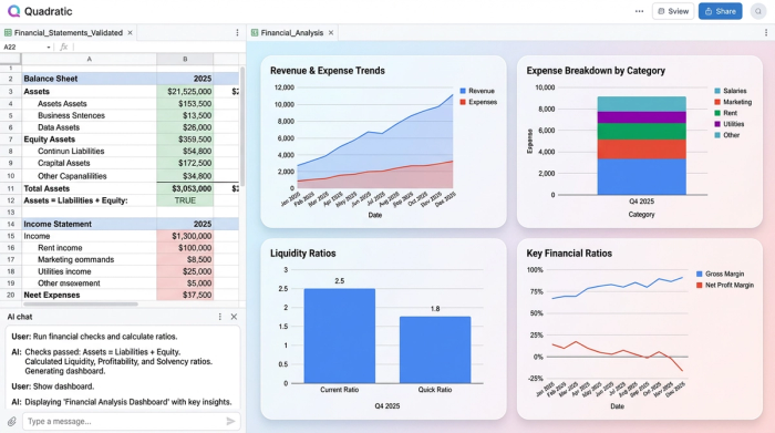 A clean dashboard layout with four distinct charts, representing the final analysis of financial data, such as bar charts for comparisons and line charts for trends.