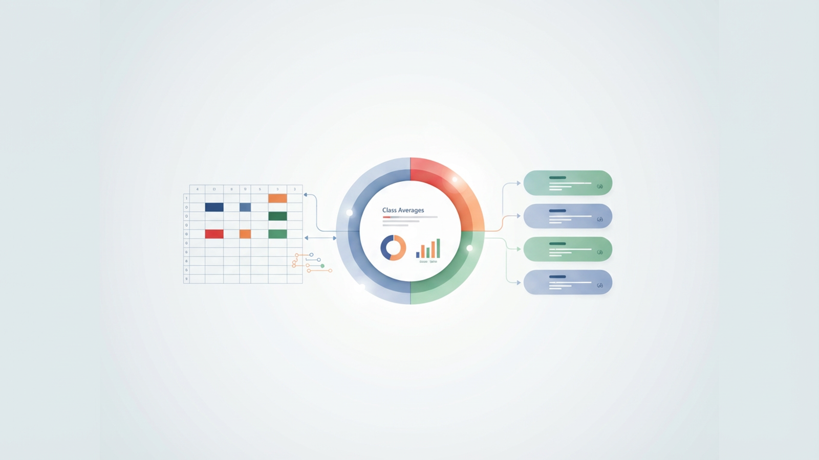 An abstract student performance dashboard design features interconnected geometric shapes with soft gradients, subtly indicating data flow and color-coded performance levels against a clean, minimalist background.
