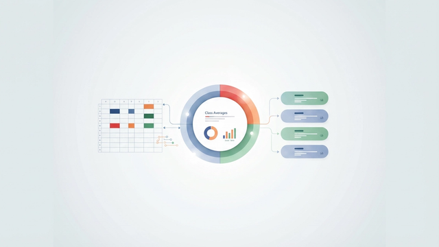 An abstract student performance dashboard design features interconnected geometric shapes with soft gradients, subtly indicating data flow and color-coded performance levels against a clean, minimalist background.