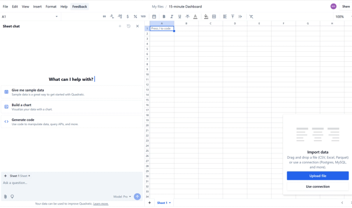 A blank Quadratic AI spreadsheet, the first start on how to get into data analytics.