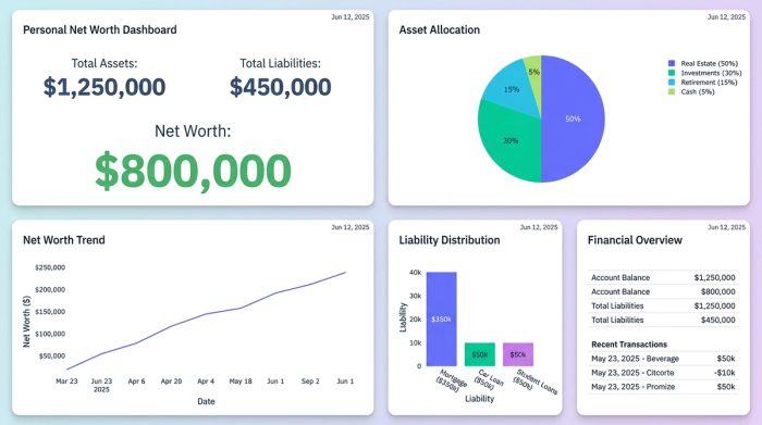 A financial dashboard with four charts. The charts show a breakdown of assets (e.g., investments, cash), liabilities (e.g., mortgage, loans), and a trend line of the total net worth over time.