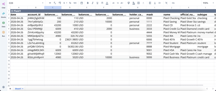 Data imported in Quadratic, ynab alternative