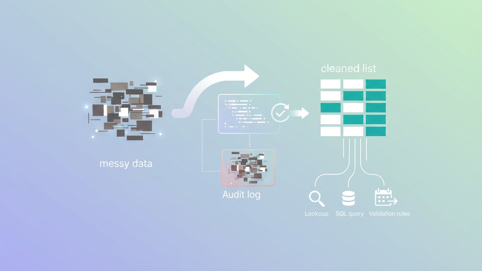 An abstract, modern graphic features geometric data elements flowing into an organized, ordered structure, with a separate array of removed elements, illustrating the python remove duplicates from list process and audit log generation.