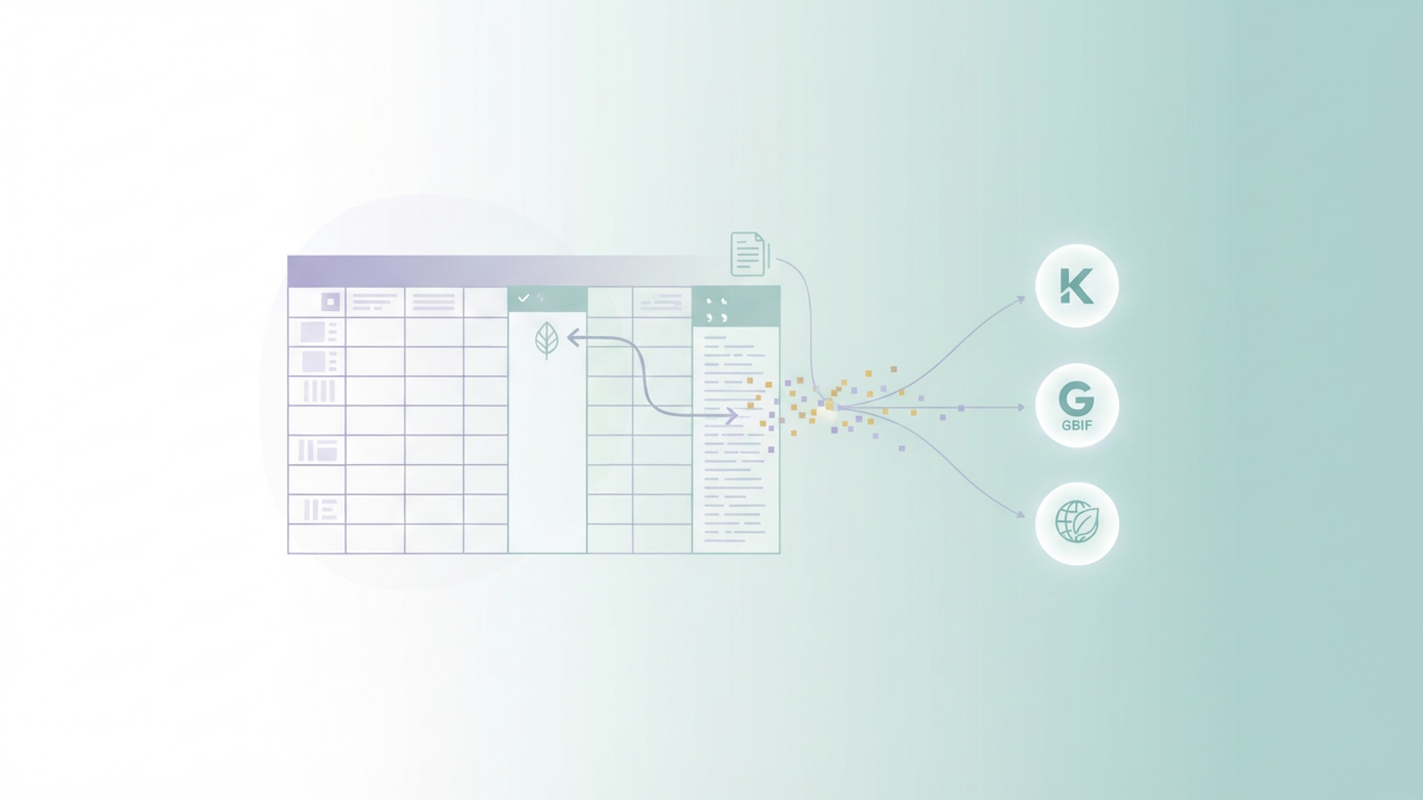 An abstract, modern hero image displays a network of soft gradient geometric shapes and connecting lines, representing the structured data flow for automated botanical nomenclature and plant synonym curation from multiple sources.