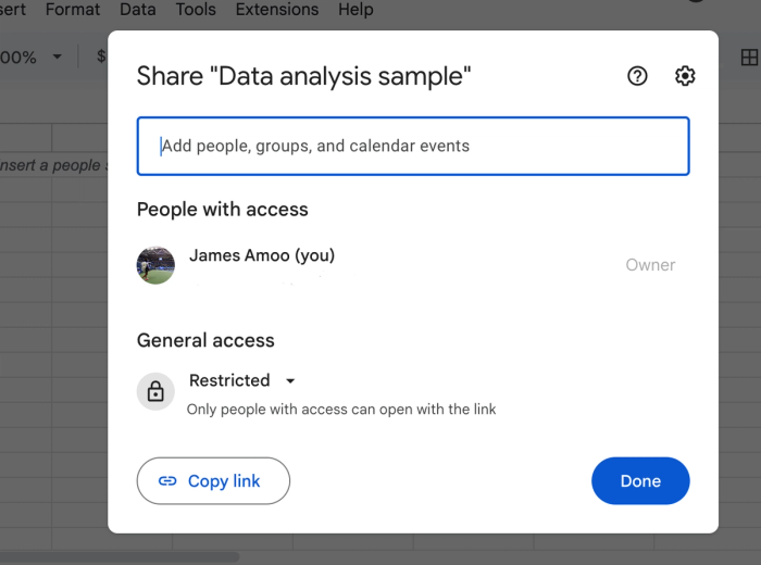 Google Sheets collaboration pop-up