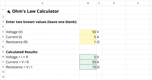 Screenshot for the file “Ohm's Law Calculator: Solve for V, I, R”