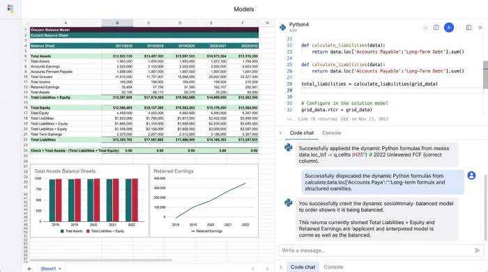 A combination of a data table, charts, and a Python code editor. The code defines a dynamic financial calculation, and the charts and data confirm the model is now balanced.