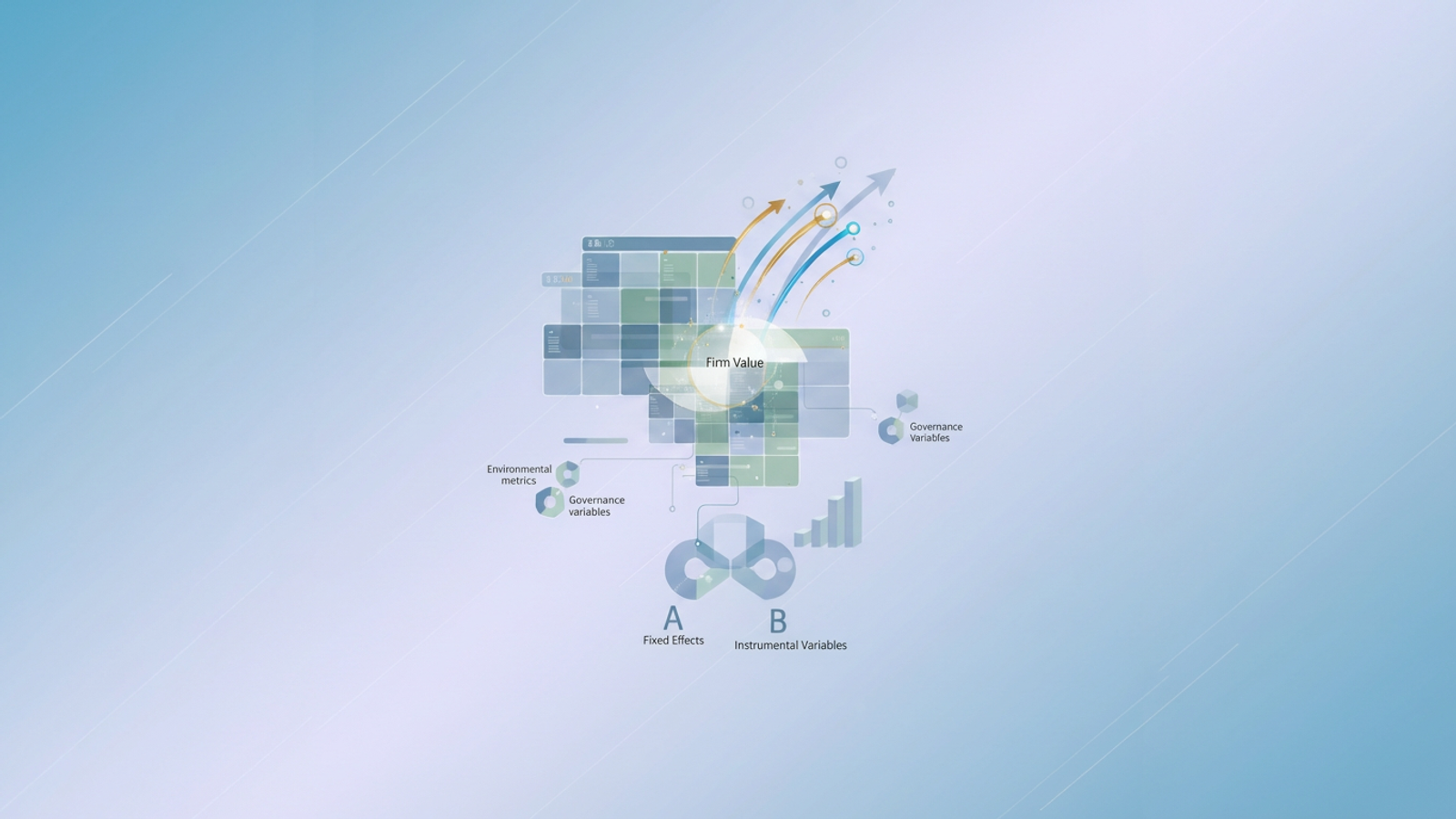 A minimalist abstract image shows overlapping translucent geometric shapes in soft gradients, connected by subtle lines, representing the structured data and analytical relationships central to panel data econometrics.