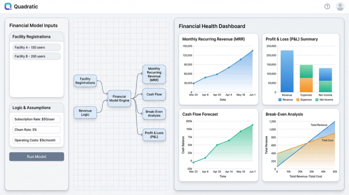 A clean dashboard layout displaying four key financial charts: a line chart for revenue growth, a bar chart for cash flow, a break-even chart, and a summary P&L chart.
