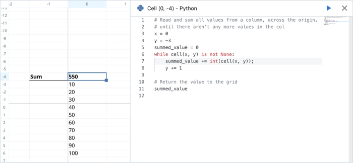 Writing Python code to reference cells in an infinite spreadsheet.