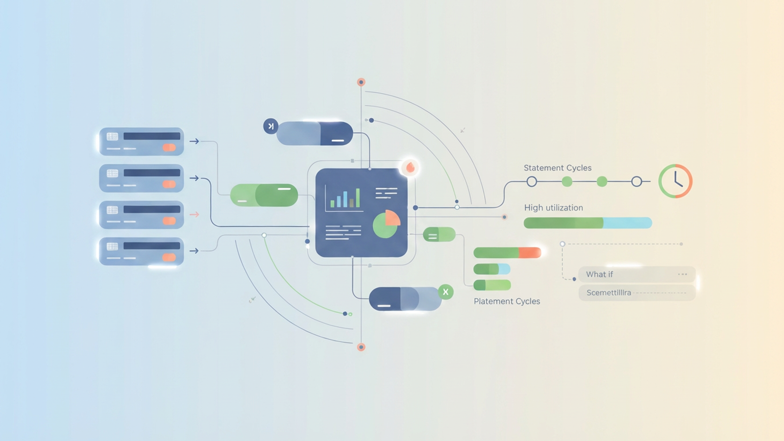 A modern abstract composition of interconnected geometric shapes in soft gradients, depicting the structured data flow and comparison of financial metrics for a dynamic credit utilization calculator.