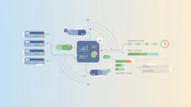 A modern abstract composition of interconnected geometric shapes in soft gradients, depicting the structured data flow and comparison of financial metrics for a dynamic credit utilization calculator.