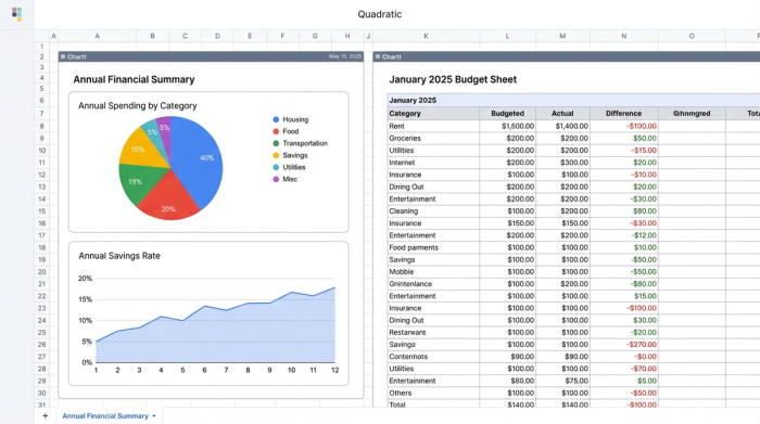 An abstract representation of a financial dashboard on a grid. On the left are three charts summarizing annual data. On the right is a large data table representing monthly expenses.