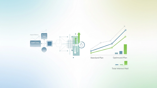 An abstract composition of interconnected geometric forms, rendered with soft gradients and negative space, illustrates a comprehensive loan repayment planner that streamlines multiple debt strategies.