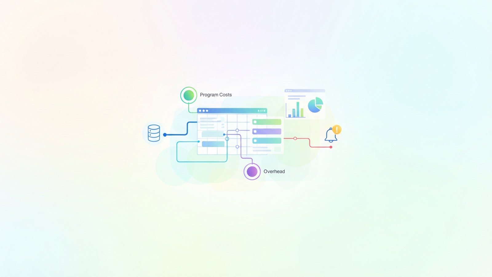 A minimalist abstract design features geometric shapes in soft gradients moving and aligning, depicting the structured data flow and categorization that define an automated budget with proactive alerts and dynamic reports.