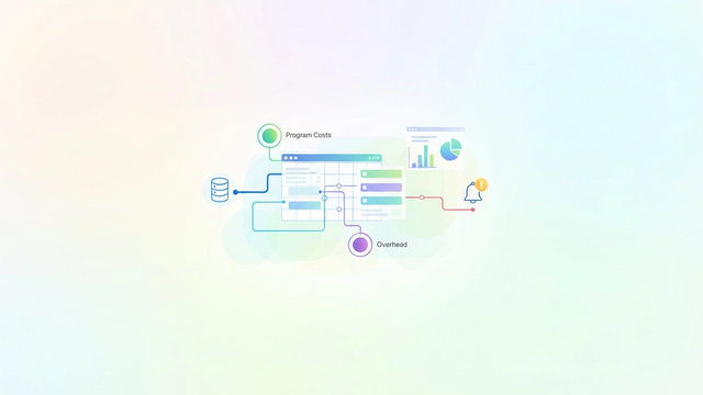 A minimalist abstract design features geometric shapes in soft gradients moving and aligning, depicting the structured data flow and categorization that define an automated budget with proactive alerts and dynamic reports.