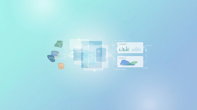 Various geometric shapes, representing diverse data inputs, flow and merge through soft gradient paths into a single, cohesive structure, illustrating the consolidation of financial information for unified reporting.