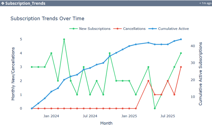 Figure 5. The Python dashboard result of selecting the suggested analysis, "Calculate key subscription metrics."