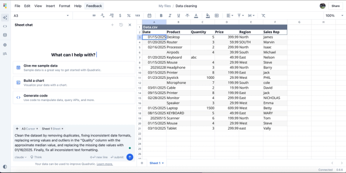 Dirty dataset in the Quadratic interface