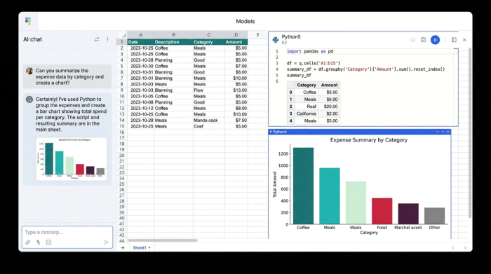 A stylized layout showing a Python code block, a data table with budget entries, and several charts visualizing the summarized data, demonstrating how code transforms data into insights.