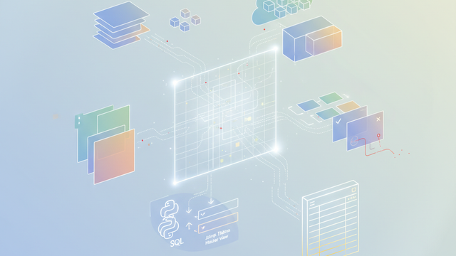A modern, abstract hero image displays a composition of layered, translucent geometric shapes and soft connecting lines, illustrating the harmonious consolidation of diverse data for precise utility consumption reporting.