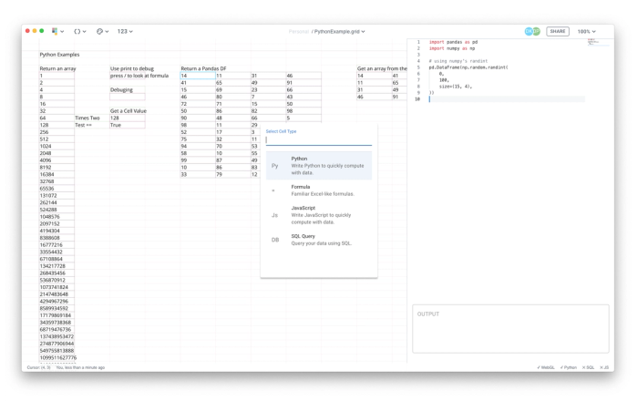 Screenshot of Quadratic showing the code cell picker and python code on the right.