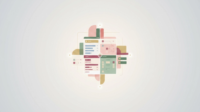 An abstract composition in soft pastel gradients features overlapping geometric shapes and subtle grid lines, visually representing an organized digital wedding planner spreadsheet.