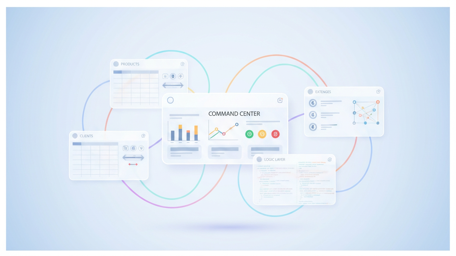 A minimal abstract design features interconnected geometric shapes representing structured data tables and analytical dashboards, illustrating an integrated system for efficient small business operations management.
