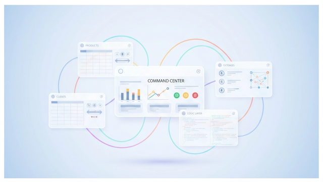 A minimal abstract design features interconnected geometric shapes representing structured data tables and analytical dashboards, illustrating an integrated system for efficient small business operations management.