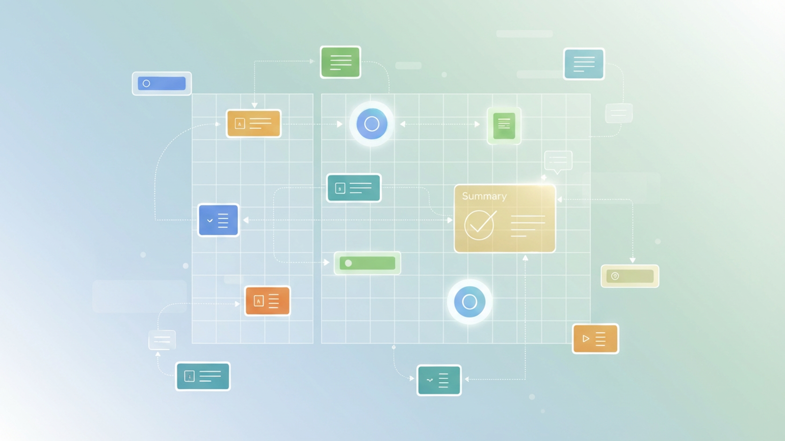 A minimalist abstract design shows interconnected geometric forms and soft gradient overlays, suggesting structured data flow and automated tracking within a modern month end close checklist.