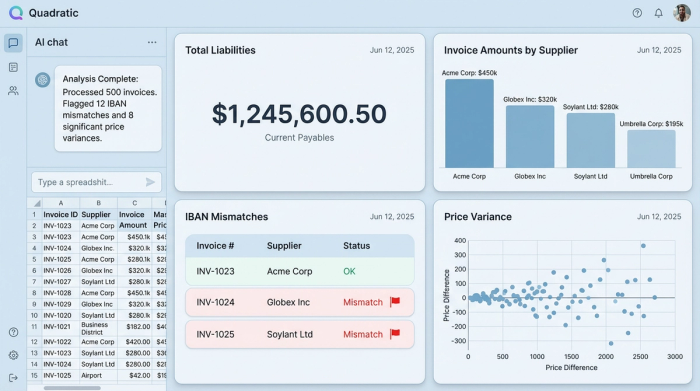 A clean dashboard layout with four distinct charts analyzing procurement data. The charts show key metrics like total spend, flagged discrepancies, and price variances.