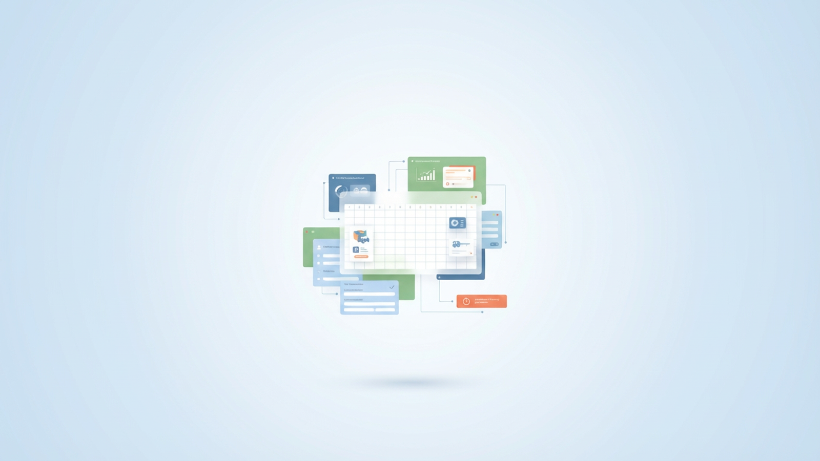 An abstract, modern composition features interconnected geometric shapes with soft gradients and subtle data flow lines, organized across negative space to form a system for vehicle rental management.