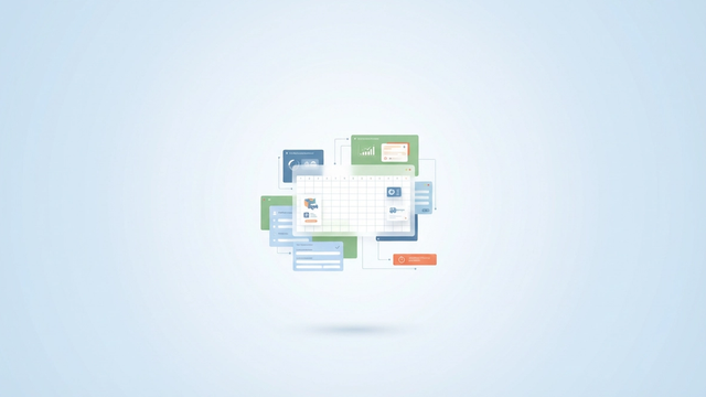 An abstract, modern composition features interconnected geometric shapes with soft gradients and subtle data flow lines, organized across negative space to form a system for vehicle rental management.