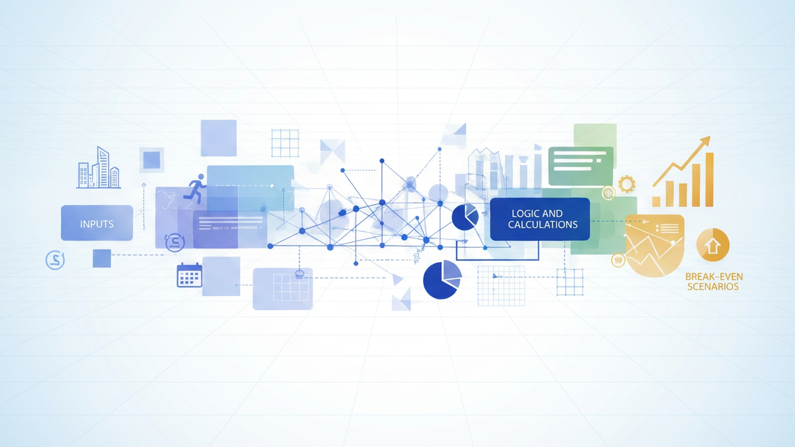 An abstract composition features interconnected geometric shapes and soft gradient flows, visually representing the structured data and financial projections within a sports facility booking system feasibility study.