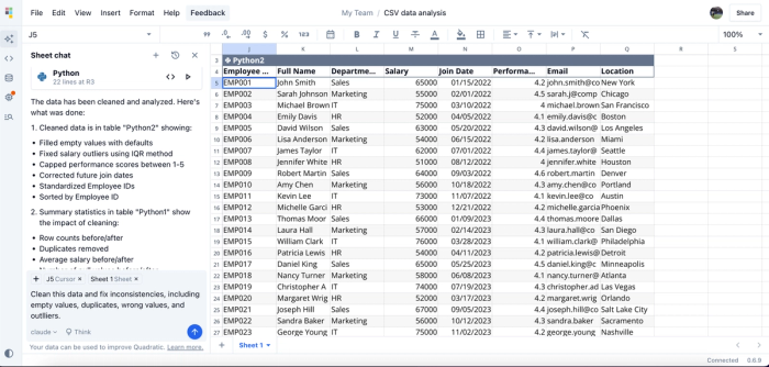 Clean CSV data generated by Quadratic