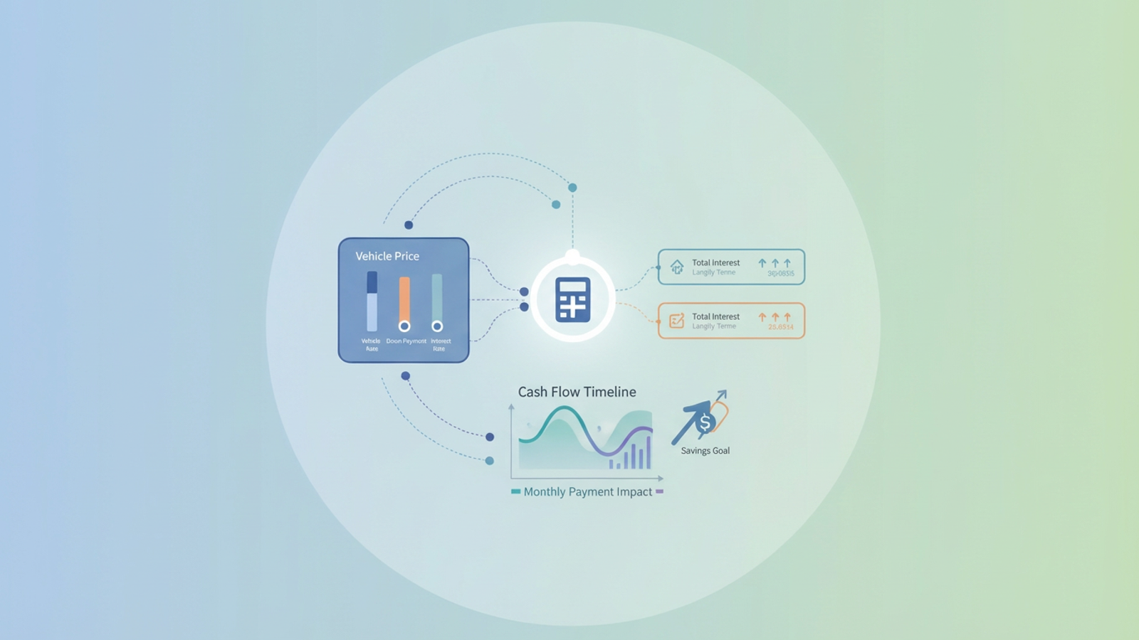 An abstract composition of layered geometric shapes in soft gradients, connected by subtle lines indicating data flow, illustrating the dynamic analysis of a car loan interest rate calculator.