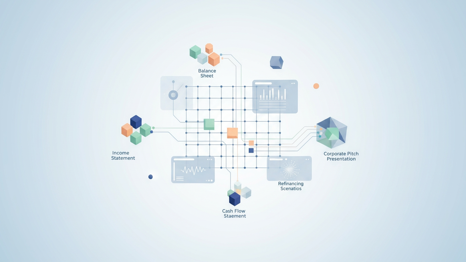 An abstract, minimal image features interconnected geometric shapes and soft gradient planes, with subtle data pathways illustrating the synthesis of financial data for retail financial planning and bond valuation.