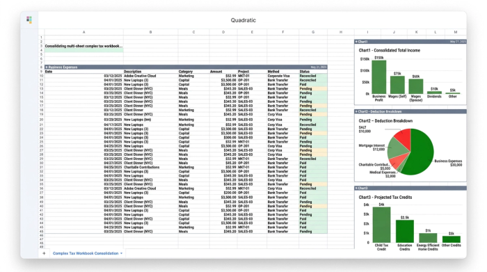 An abstract representation of a financial spreadsheet with a central data table surrounded by three different charts (e.g., a bar chart, a pie chart, and a line graph) illustrating a multi-faceted financial analysis.