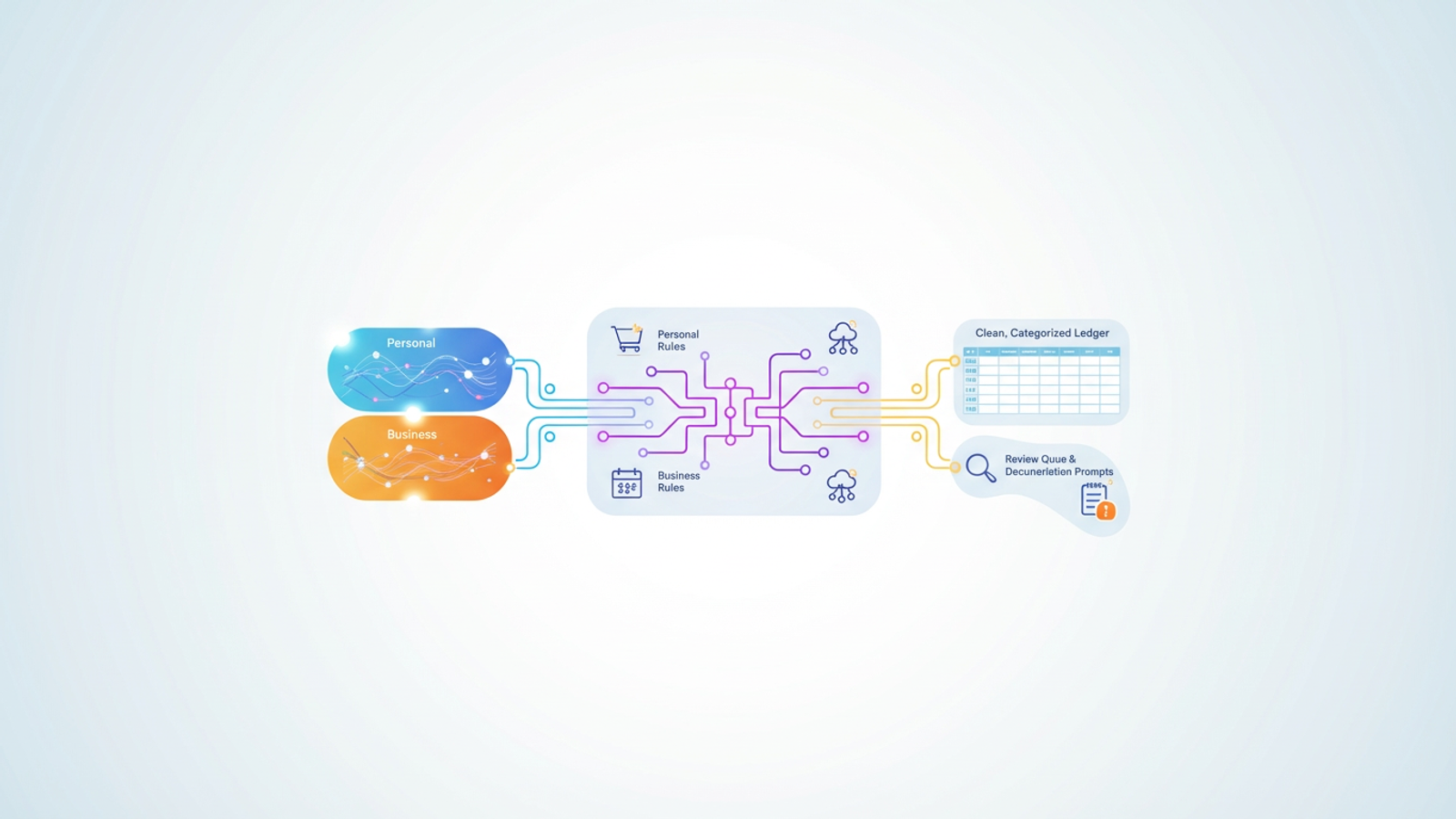 A minimal abstract graphic features soft gradient geometric shapes and flowing lines converging into distinct, organized sections, illustrating the automated process of defining personal vs business expenses.