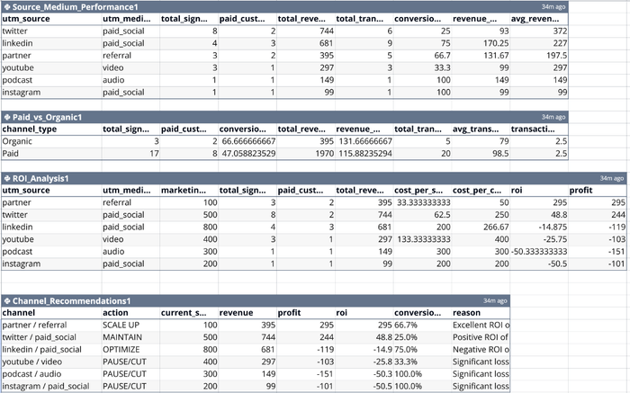 Figure 2. The comprehensive result of a profit and ROI analysis of marketing campaigns requires only two simple prompts to the AI to blend the data.