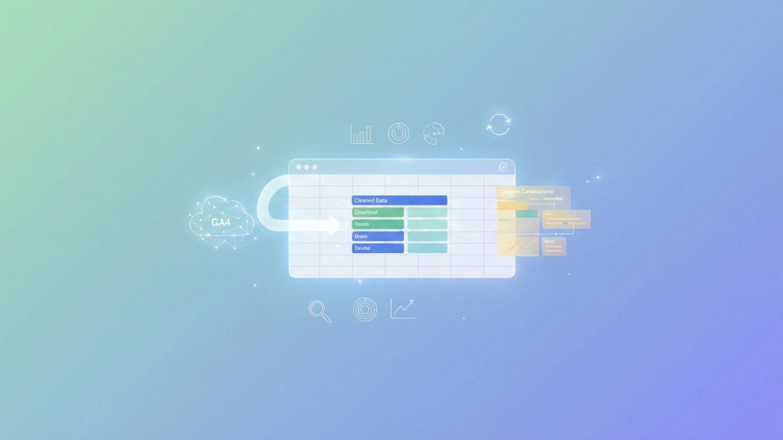 A minimalist abstract composition features soft gradient shapes and subtle lines converging into a clean, organized grid, illustrating the transformation of complex data into a flexible google analytics spreadsheet.