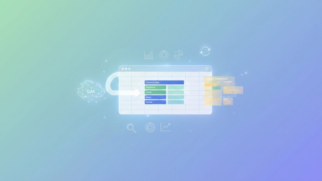 A minimalist abstract composition features soft gradient shapes and subtle lines converging into a clean, organized grid, illustrating the transformation of complex data into a flexible google analytics spreadsheet.