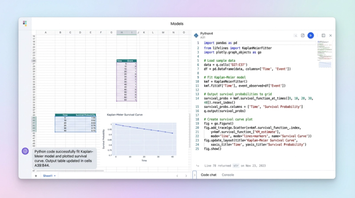 A layout showing a Python code block, a data grid, and a line chart side-by-side. The image demonstrates how code, data, and visualizations are integrated in a single spreadsheet environment.
