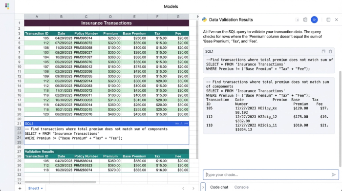 A hybrid interface showing a data table, an SQL code cell for validation, and an output table highlighting rows with data errors.
