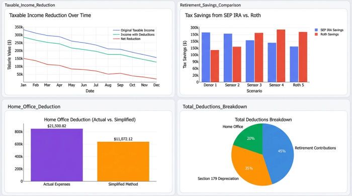 A dashboard with four charts visualizing different tax deduction scenarios: a pie chart of deductions, a bar chart for retirement savings, a comparison of home office methods, and a line graph of total taxable income.