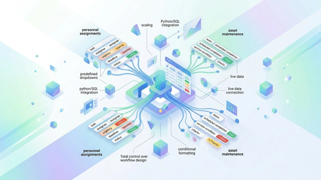 An abstract, minimalist composition of floating grid lines, soft-gradient geometric panels, and vibrant, color-coded blocks represents structured workflows and data tracking for operations management software.