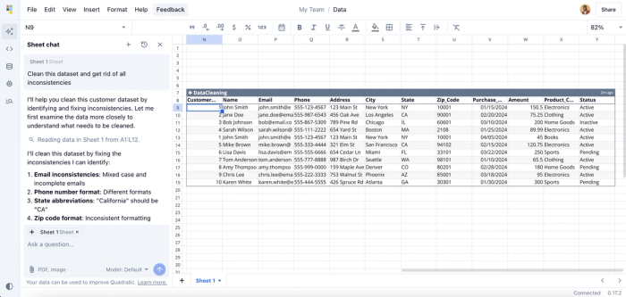 Cleaning SQL data with Python in Quadratic.