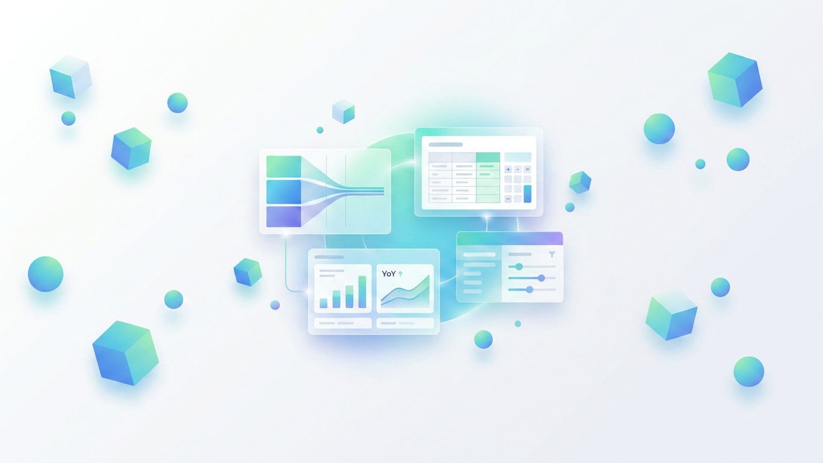 A modern abstract design featuring layered translucent geometric shapes, soft blue and purple gradients, and an upward-trending dotted line of light across a dimensional grid to forecast sales volume.